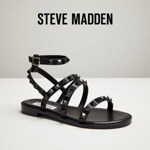 Steve Madden Travel-J Black Studded Jelly Gladiator Sandals Moto Rocker 7